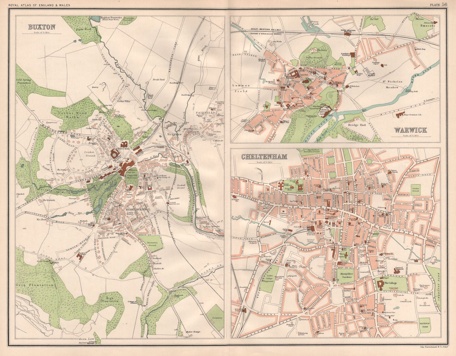 BUXTON, WARWICK & CHELTENHAM antique town city plans. BARTHOLOMEW 1898 old map